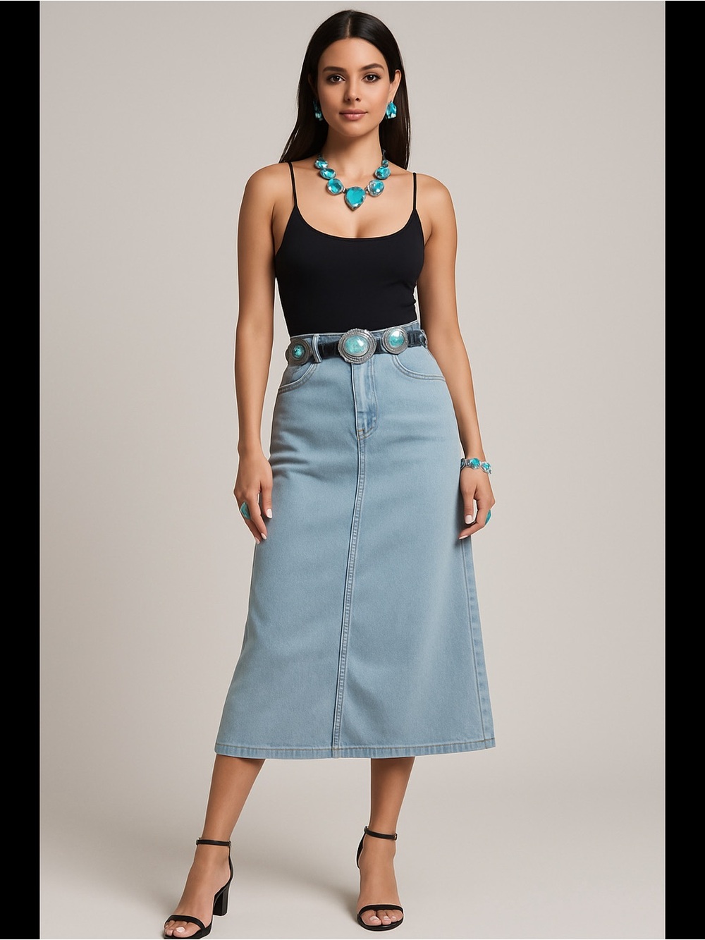 Women’s High Rise Denim Pencil Midi Skirt 12 Western Festival Boho Staple